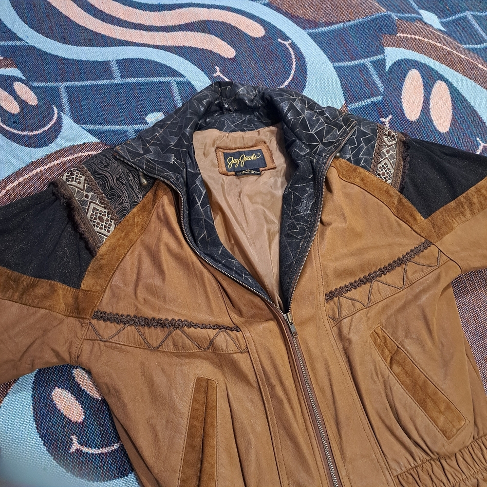 🌈VINTAGE LEATHER BOMBER-XS - Picture 3 of 7